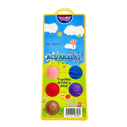Acuarelas Escolares | Estuche | BACO | 12 Colores y Pincel
