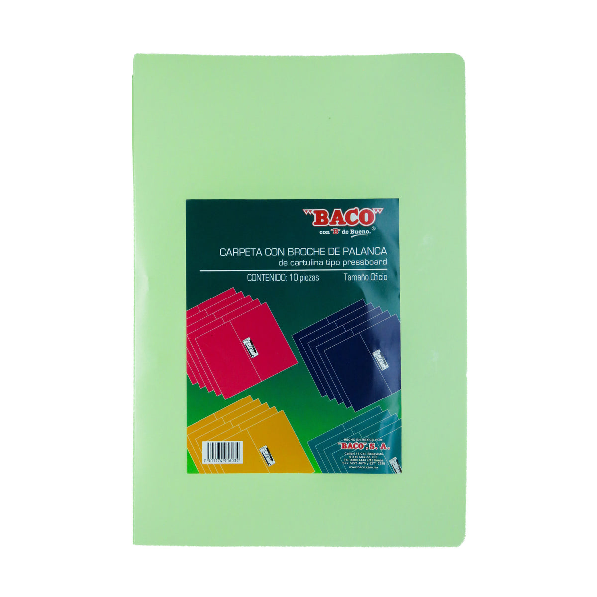 Carpeta Oficio con Broche Palanca Verde Claro BACO 10 pzs