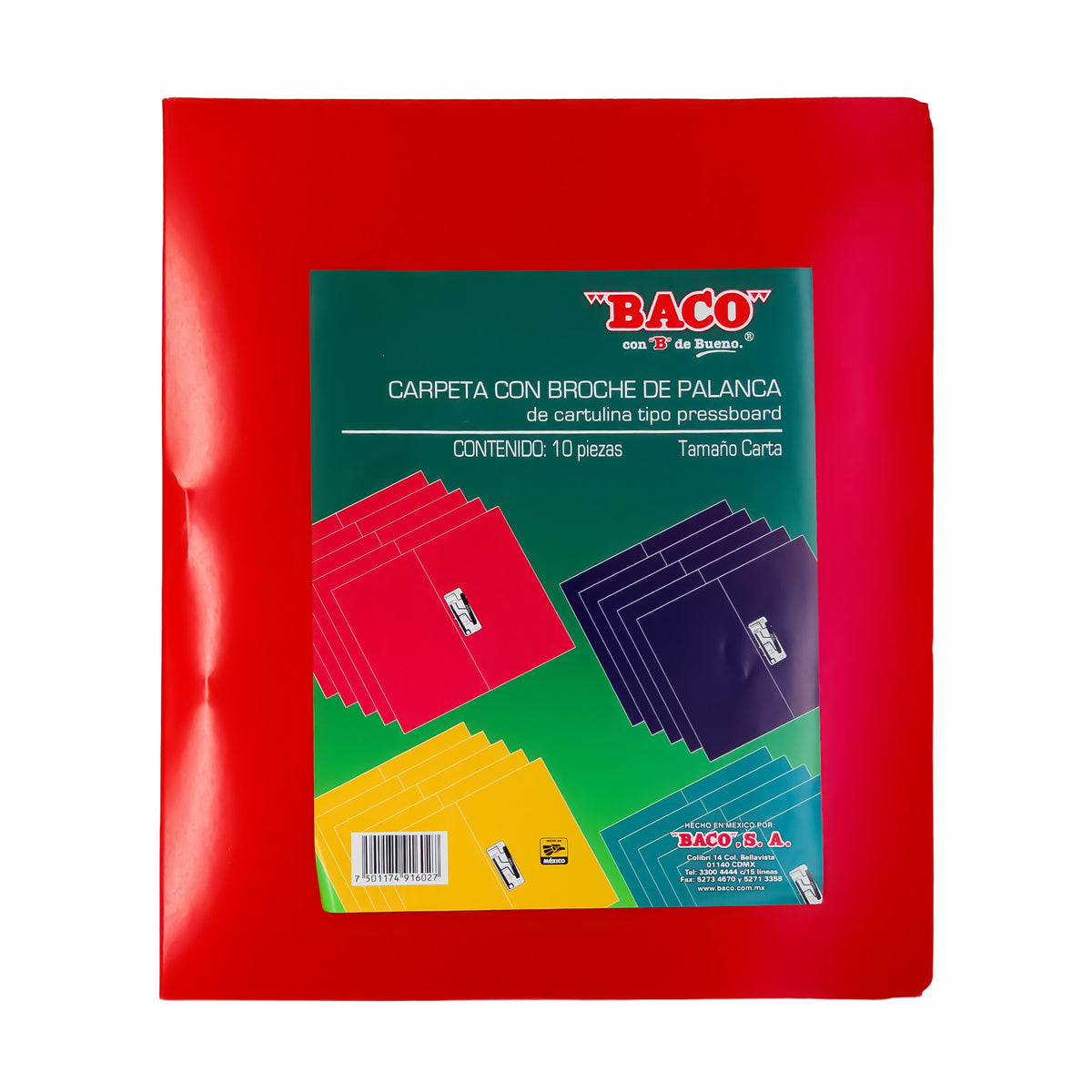 Carpeta Carta con Broche Palanca Rojo BACO 10 pzs