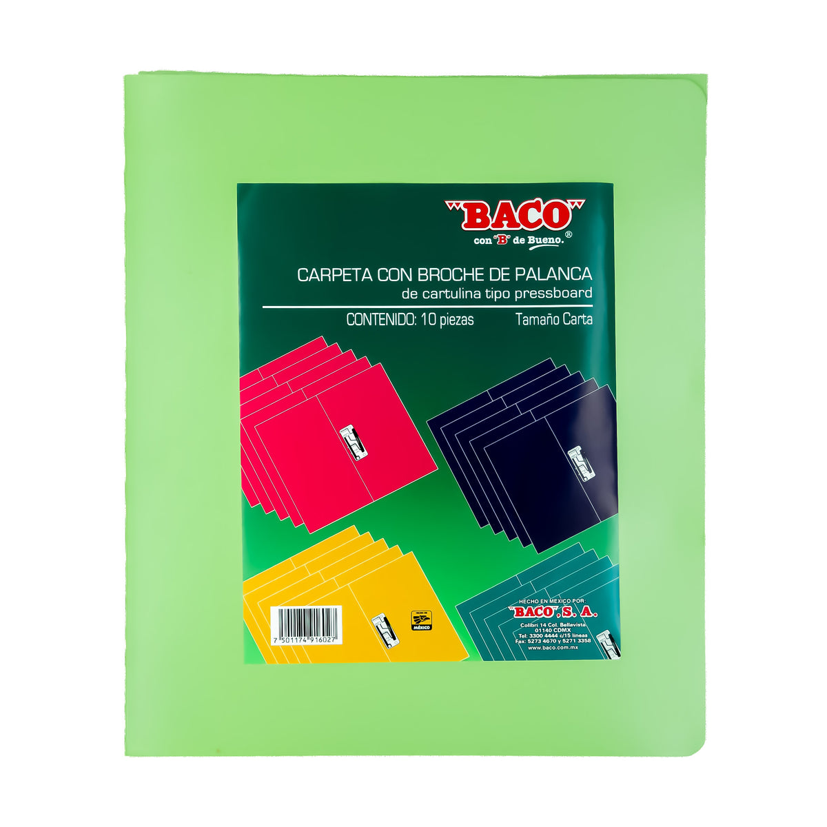 Carpeta Carta con Broche Palanca Verde Claro BACO 10 pzs