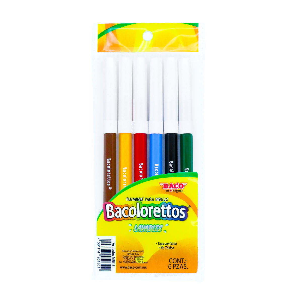 Marcador Base Agua Punto fino Bacoloretto Colores surtidos BACO 6 piezas
