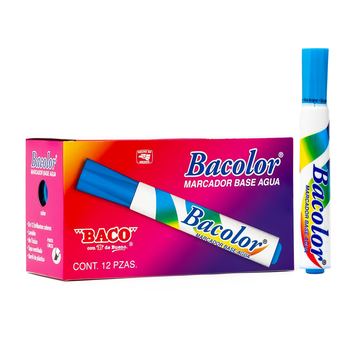 Marcador Base Agua Bacolor BACO Azul claro 12 pzs