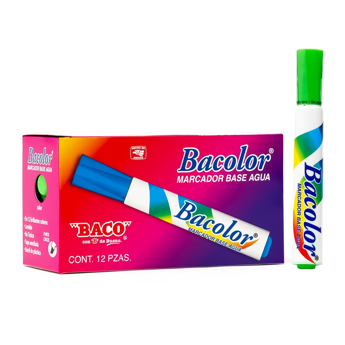 Marcador Base Agua Bacolor BACO Verde claro 12 pzs