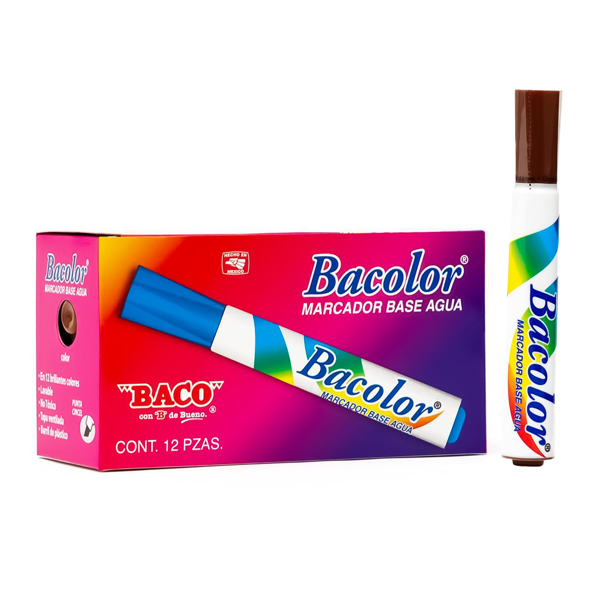 Marcador Base Agua Bacolor BACO Café© 12 piezas