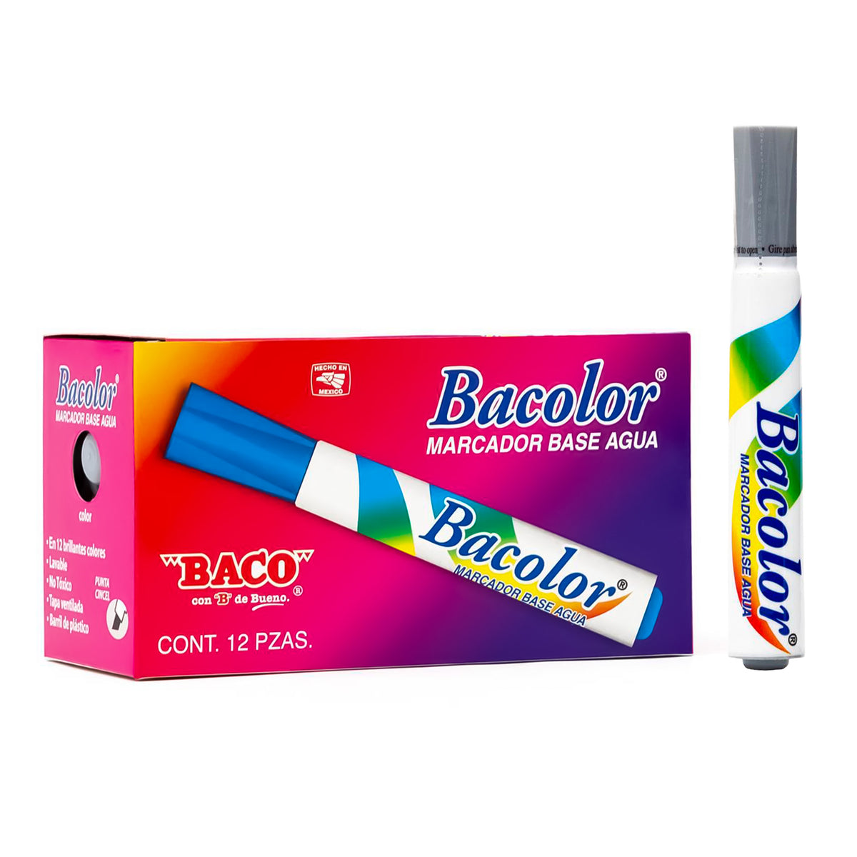Marcador Base Agua Bacolor BACO Gris 12 pzs