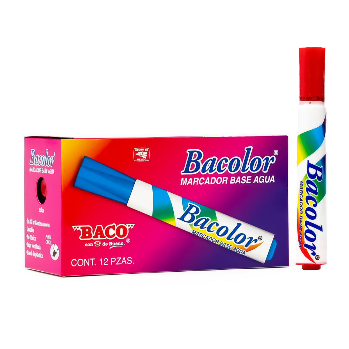 Marcador Base Agua Bacolor BACO Rojo 12 pzs