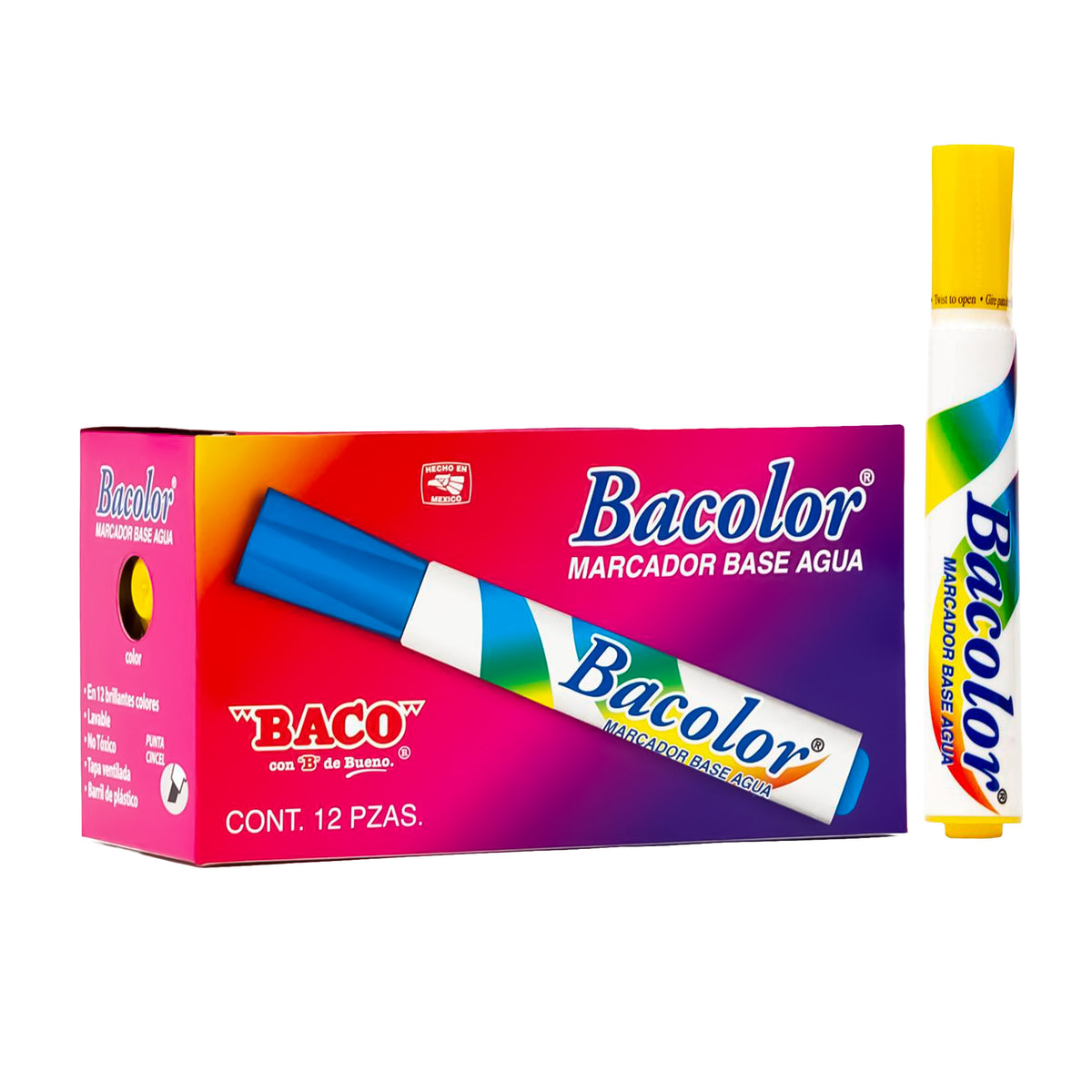 Marcador Base Agua Bacolor BACO Amarillo 12 piezas