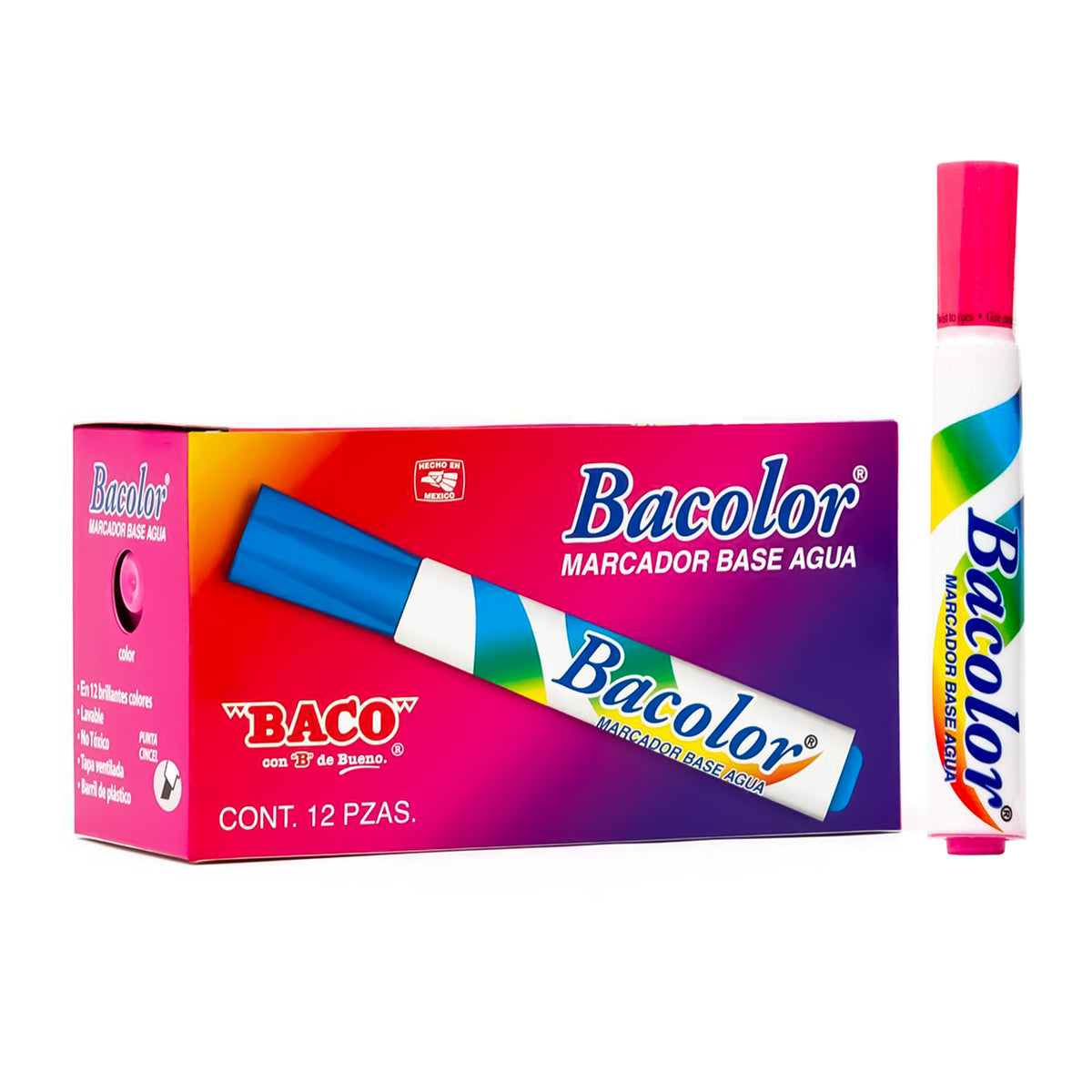 Marcador Base Agua Bacolor BACO Rosa 12 pzs