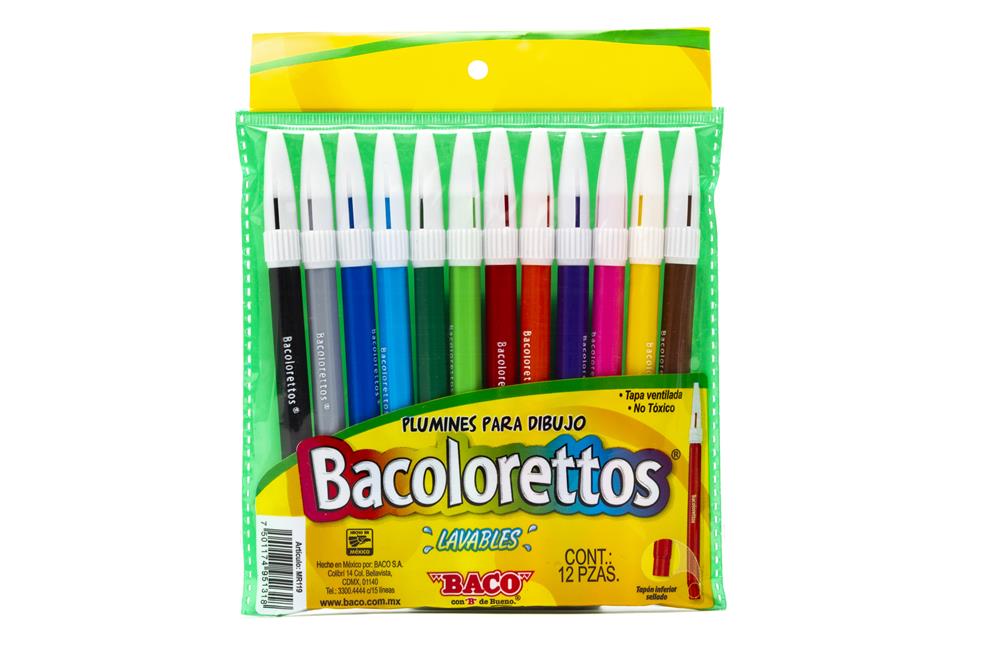 Marcador | Base Agua | Punto fino | Bacoloretto | Colores surtidos | BACO | 12 piezas