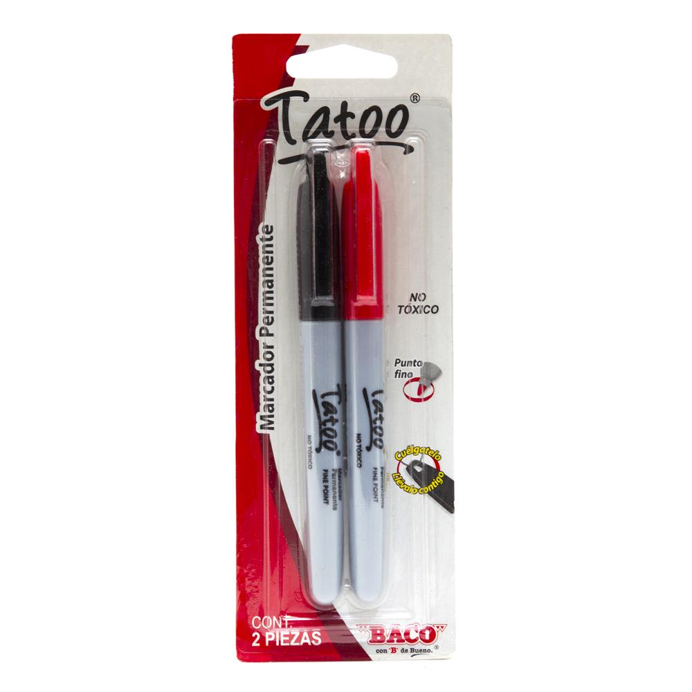 Marcador Permanente | Tatoo | Punto Fino | BACO | Negro y Rojo | 2 pzs