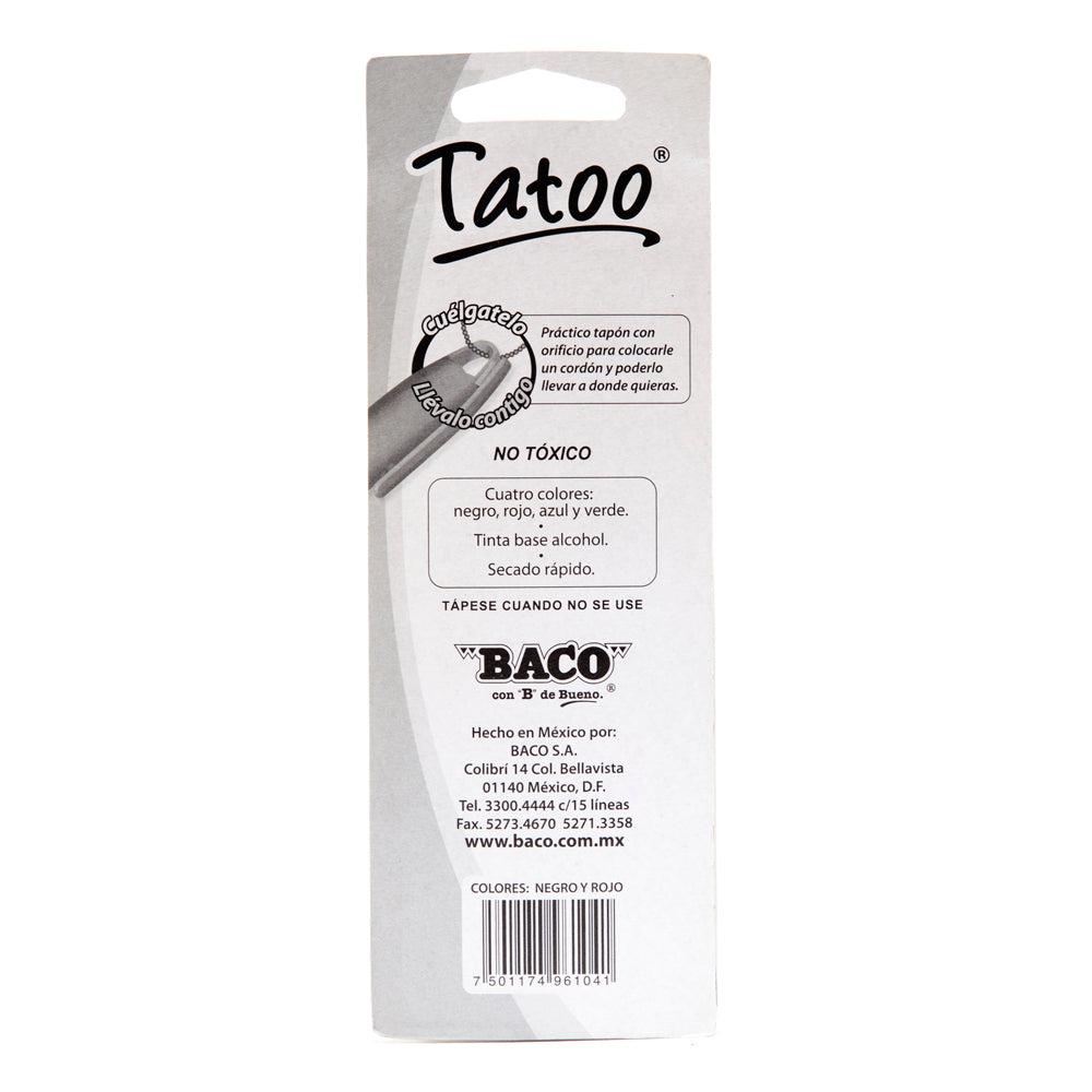 Marcador Permanente | Tatoo | Punto Fino | BACO | Negro y Rojo | 2 pzs