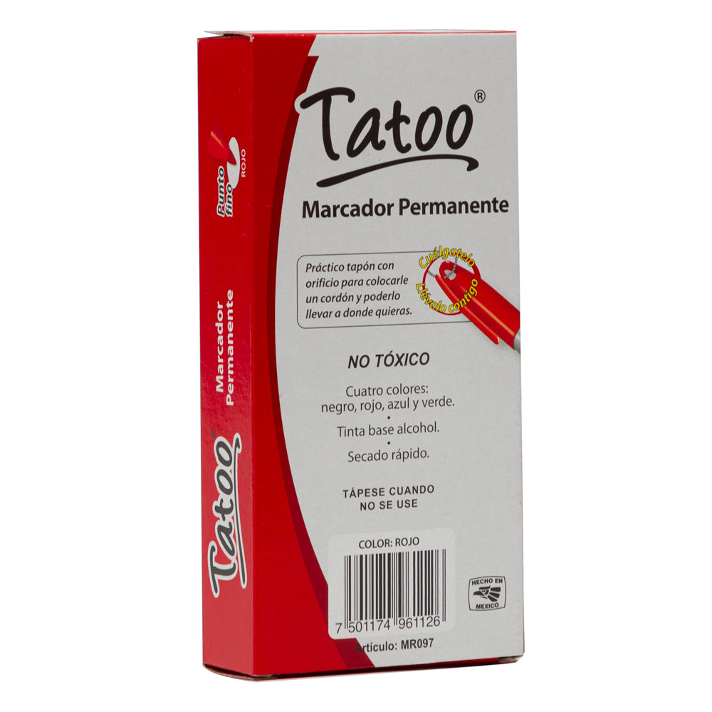 Marcador Permanente Tatoo | Punto Fino | BACO | Rojo | 10 pzas