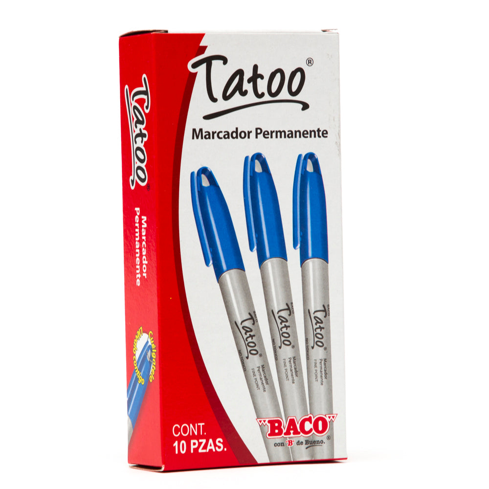 Marcador Permanente Tatoo | Punto Fino | BACO | Azul | 10 pzas
