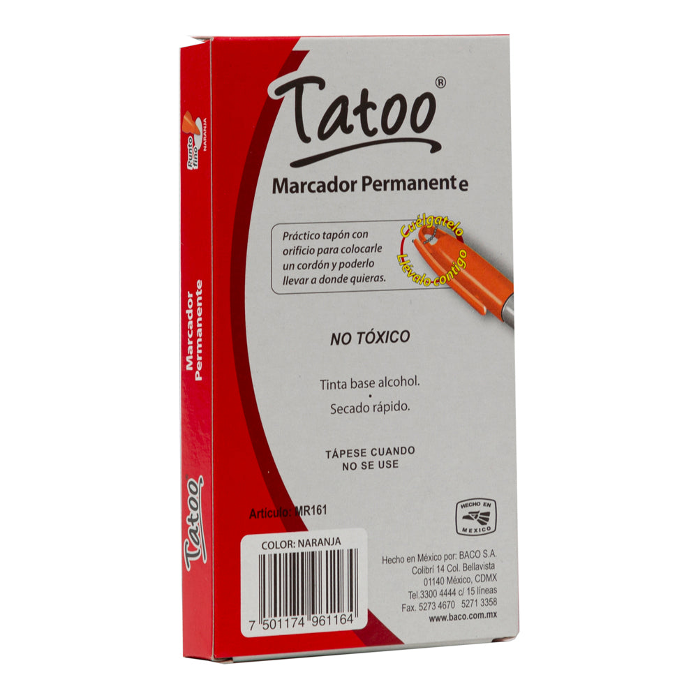 Marcador Permanente Tatoo | Punto Fino | BACO | Naranja | 6 pzas