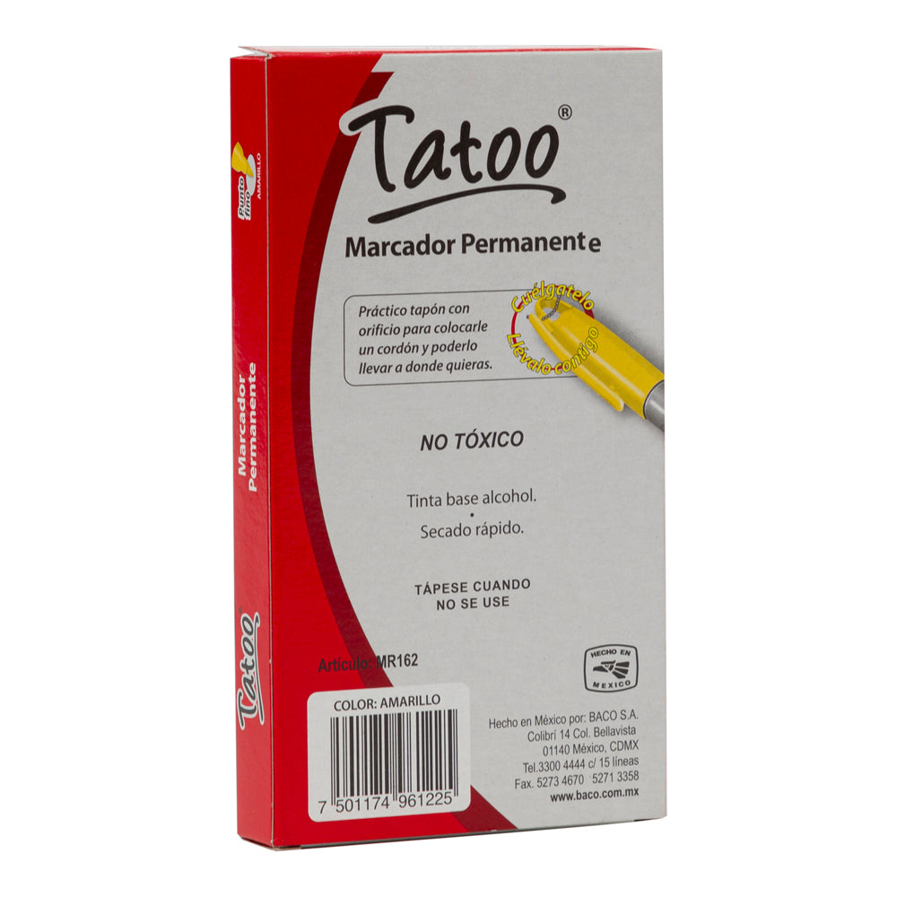 Marcador Permanente Tatoo | Punto Fino | BACO | Amarillo | 6 pzas