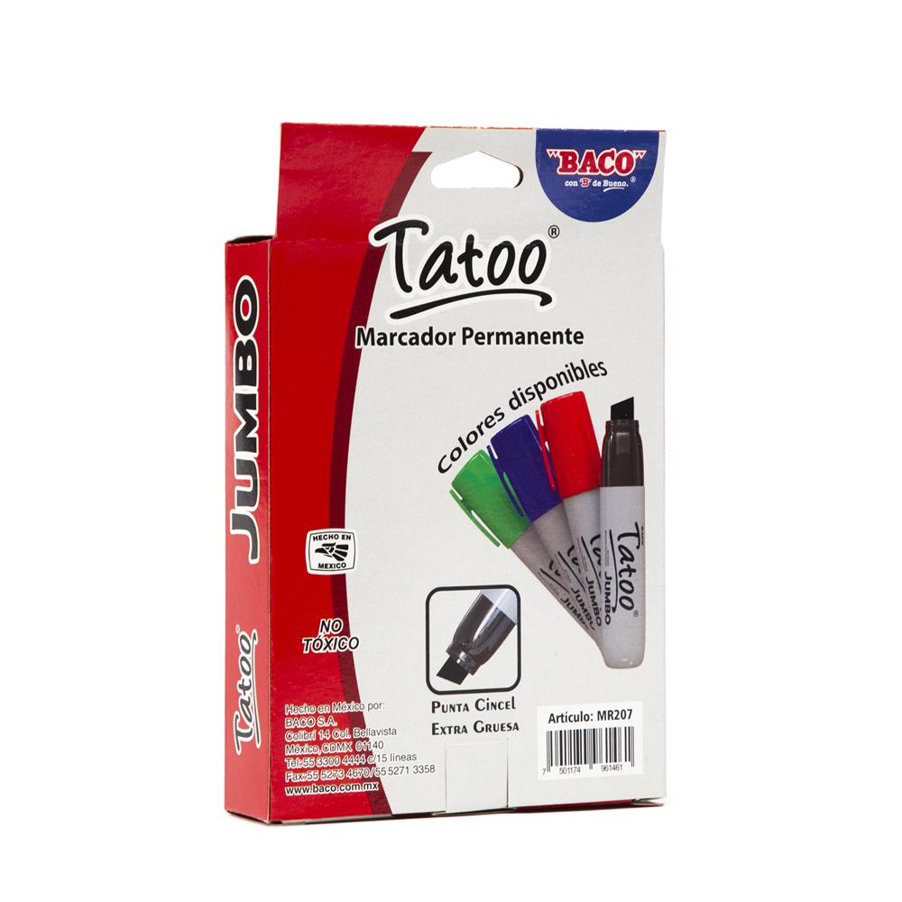 Marcador Permanente | Tatoo | Jumbo | Colores Surtidos | BACO | 4 Piezas