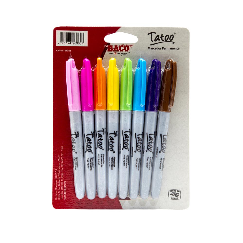 Marcador Permanente | Punta Fina | Colores Surtidos | BACO | 8 Piezas