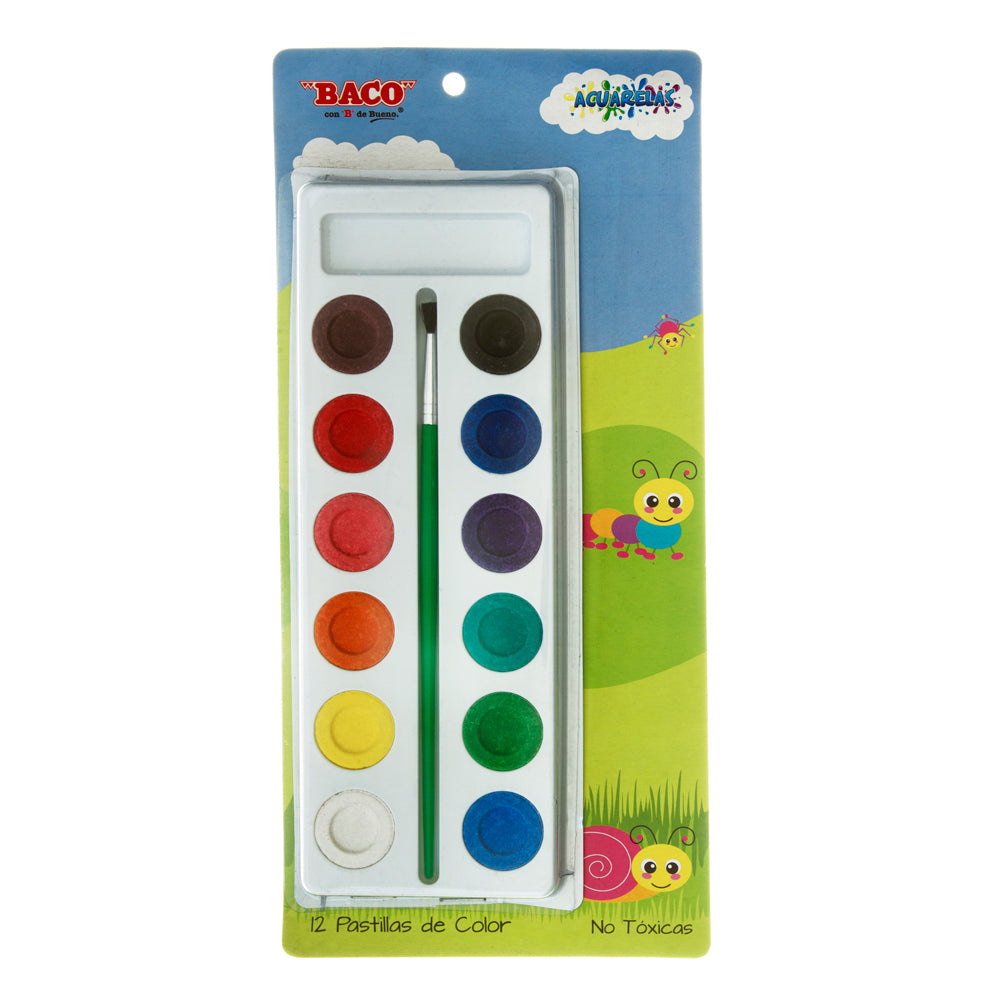 Acuarelas Escolares | BACO | 12 Colores y Pincel