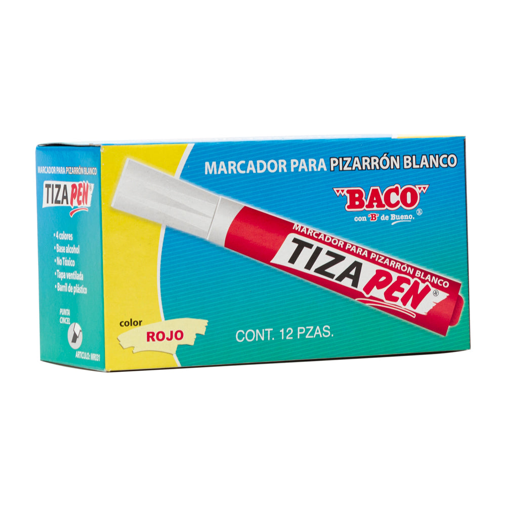 Marcador Para Pizarrón Blanco Tizapen | BACO | Rojo | 12 pzs
