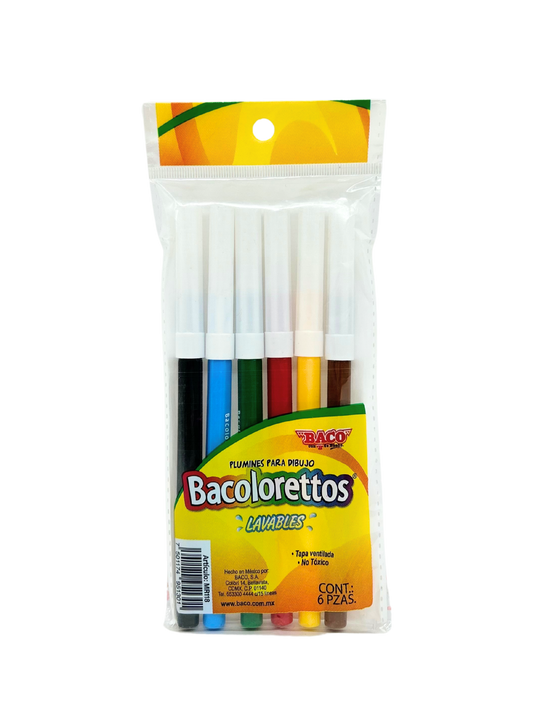 Marcador | Base Agua | Punto fino | Bacoloretto | Colores surtidos | BACO | 100 Estuches | 6 Piezas