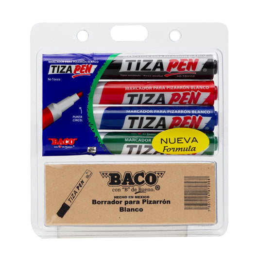 marcador para pizarrón baco de 4 piezas con borrador