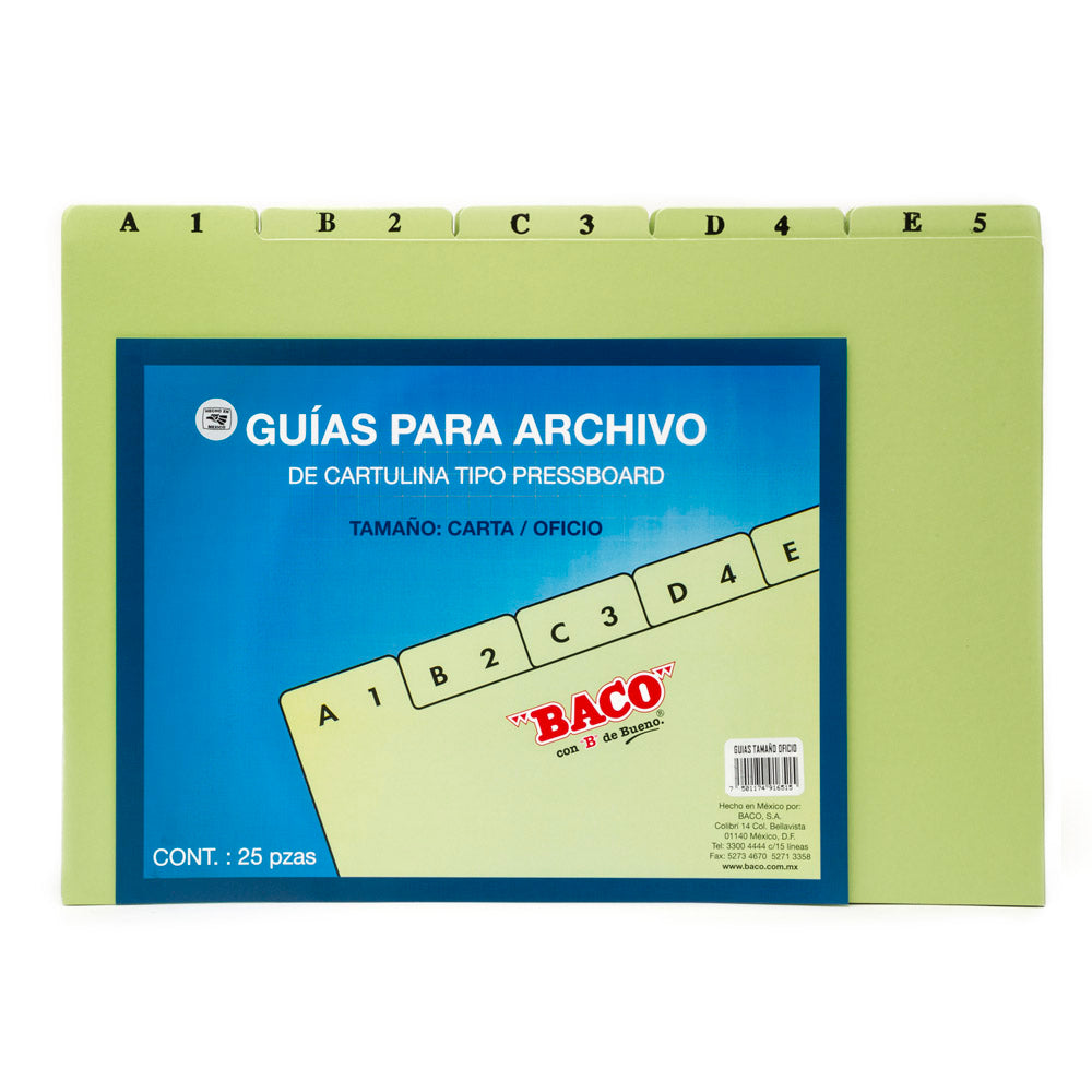 Juego de Guías para Archivo | Tamaño Oficio | BACO | 25 Piezas