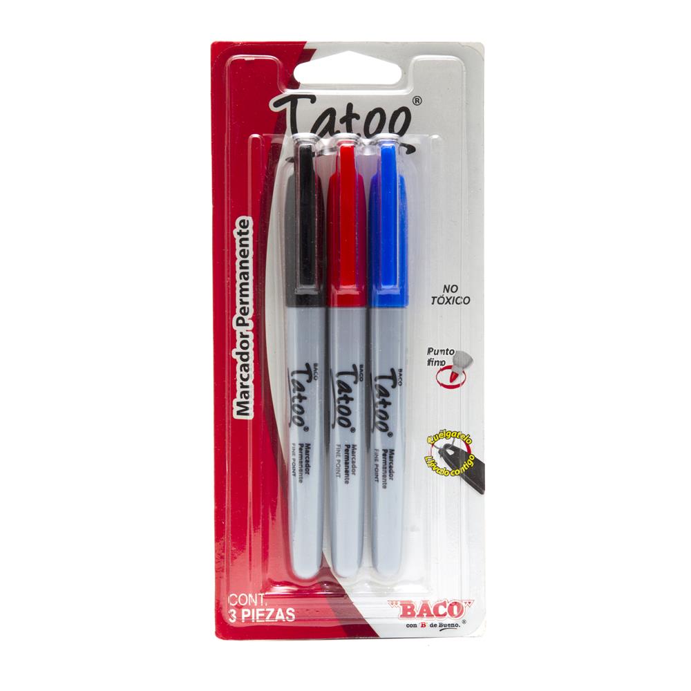 Marcador Permanente | Punta Fina | Negro, Rojo y Azul | BACO | 3 Piezas