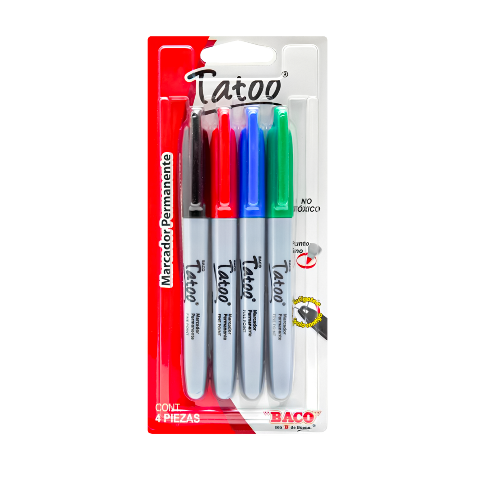 Marcador Permanente | Punta Fina | Varios Colores | BACO | 4 Piezas