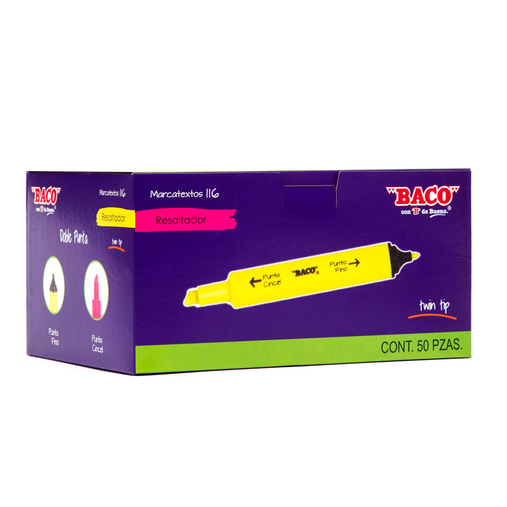 Marcatextos Twin Tip 116 | Amarillo | BACO | Caja con 50 pzas